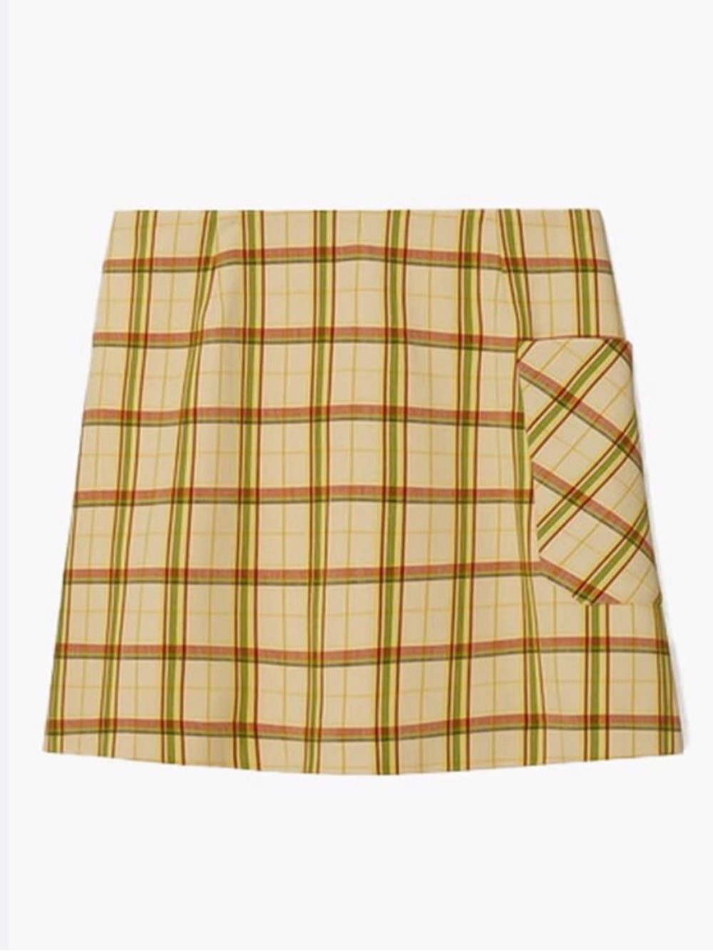 Tory Burch Cream Plaid Midi Skirt with Yellow and Green Stripes